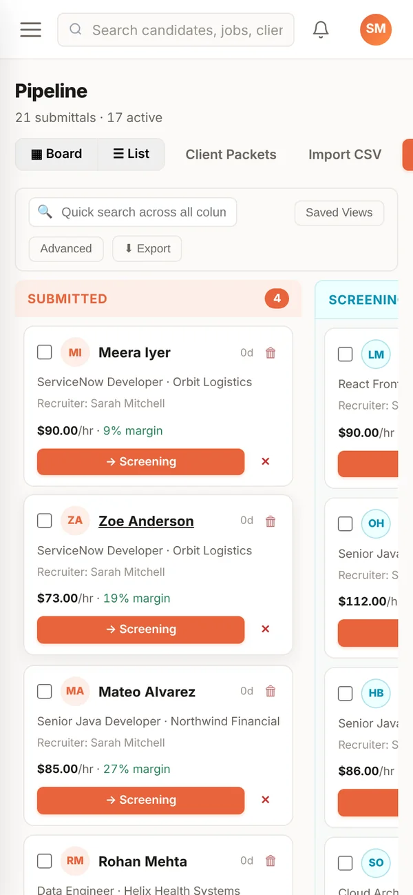 HireYT pipeline board on a phone